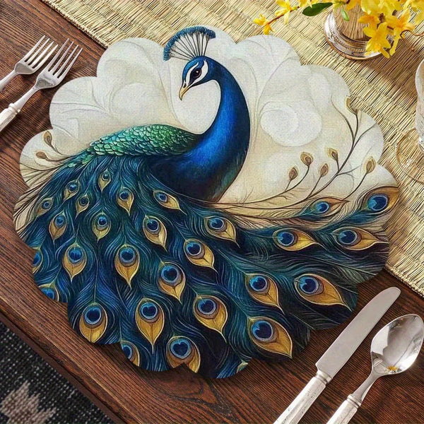 A painting of a peacock with iridescent blue and green feathers on a light background, used as a dining table decor.