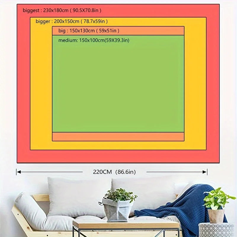 A rectangular backdrop featuring a lush green design with text indicating various dimensions for a tropical cave waterfall th