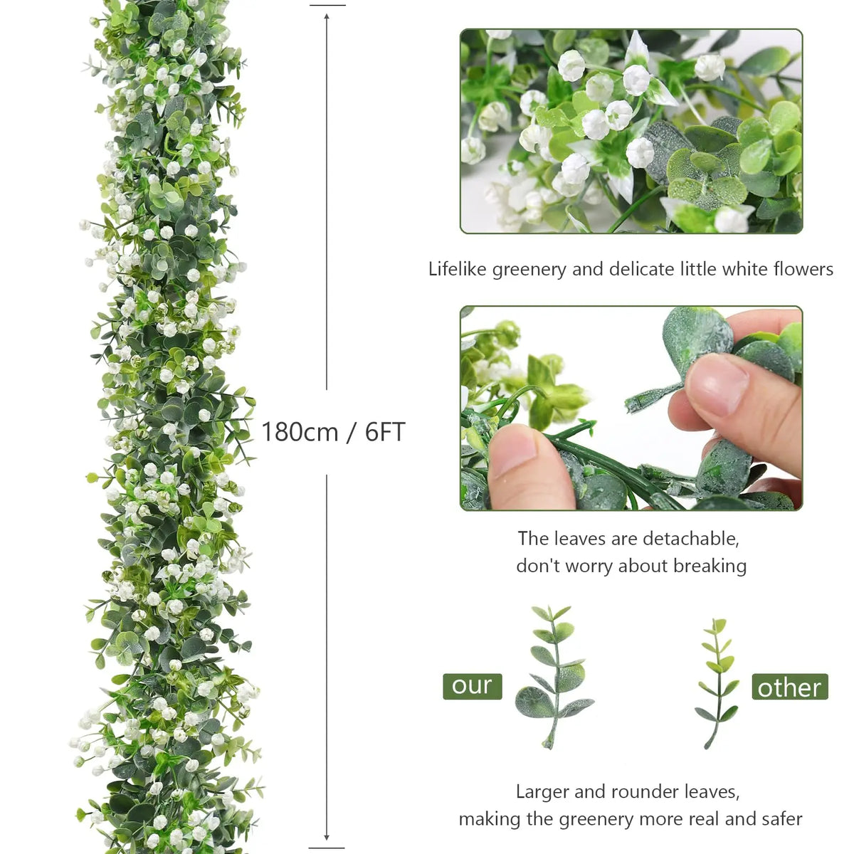Artificial eucalyptus vine garland featuring delicate white flowers and green leaves.
