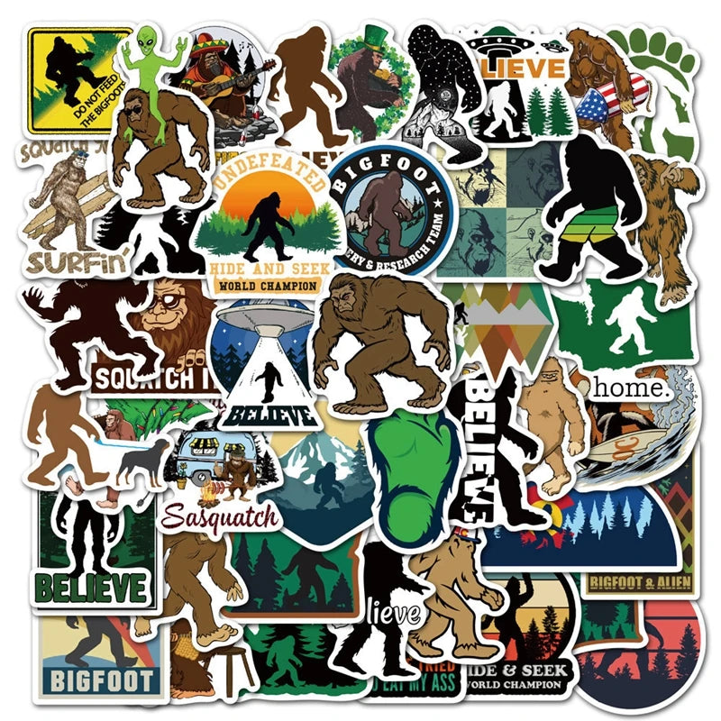 A collection of stickers featuring Bigfoot, Sasquatch, and related characters on a white background.