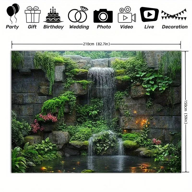 A vertical tapestry wall hanging depicting a lush green waterfall and natural rock landscape.