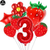 A pack of nine red strawberry-themed balloons, including a large number three balloon.
