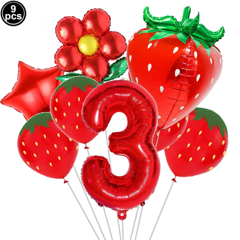 A pack of nine red strawberry-themed balloons, including a large number three balloon.