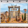 A painting depicting a rustic Western scene with a wooden barn door, a steer skull, a guitar, and cacti.