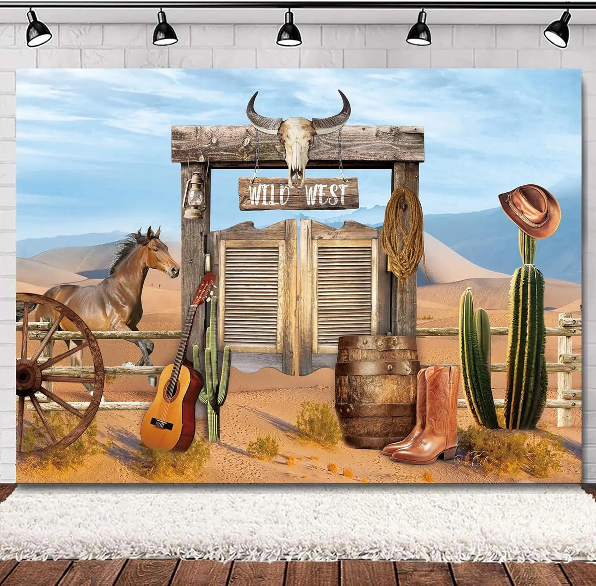 A painting depicting a rustic Western scene with a wooden barn door, a steer skull, a guitar, and cacti.