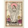 A tarot card illustration depicting an angel figure with wings and a radiant sun, symbolizing balance.