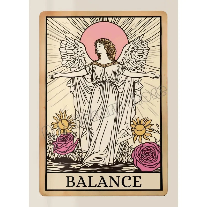 A tarot card illustration depicting an angel figure with wings and a radiant sun, symbolizing balance.