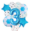 A collection of blue and white football-themed helium foil balloons, including a large number three balloon.