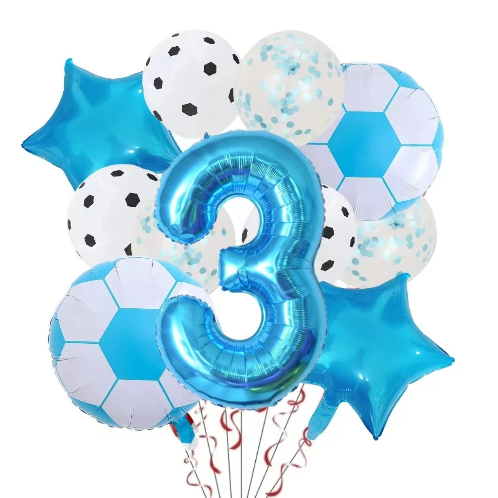 A collection of blue and white football-themed helium foil balloons, including a large number three balloon.