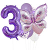 A set of purple foil balloons shaped like the number three and a butterfly