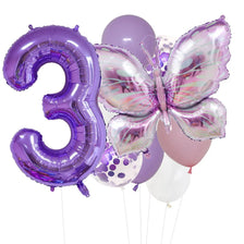 A set of purple foil balloons shaped like the number three and a butterfly