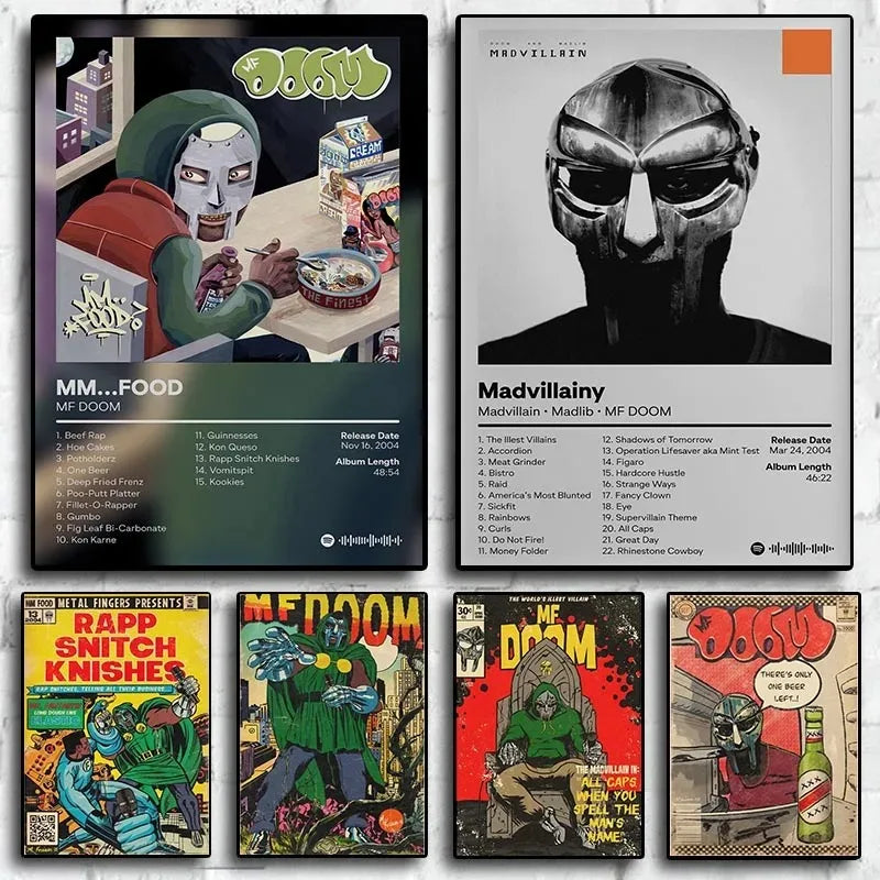 A collage of various MF DOOM hip-hop canvas art posters featuring different album covers and artwork.