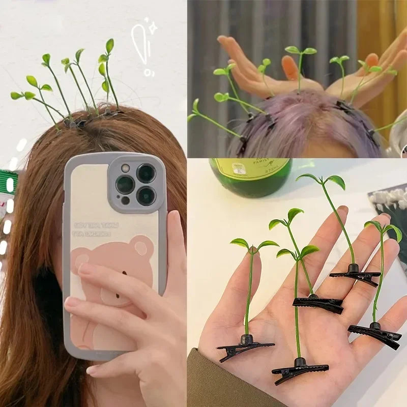 A hand holds several bean sprout hair clips with grass tops, featuring cute cartoon barrettes.