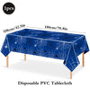 Blue disposable PVC tablecloth featuring a white spider web pattern for parties
