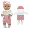 A 40cm doll outfit set featuring a white and pink knitted outfit with a matching hat.