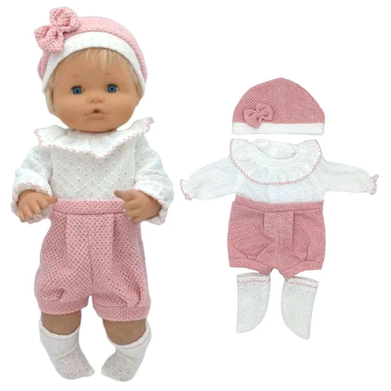 A 40cm doll outfit set featuring a white and pink knitted outfit with a matching hat.