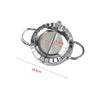 Stainless steel dumpling maker with a crimped edge, showing the interior and exterior dimensions.