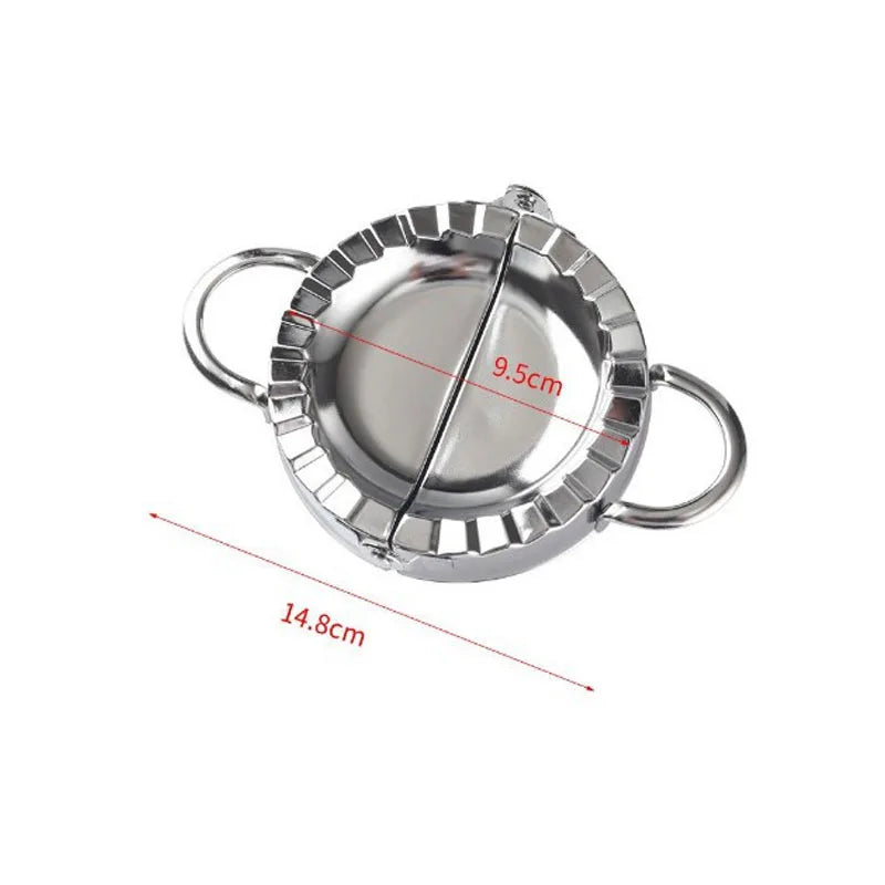 Stainless steel dumpling maker with a crimped edge, showing the interior and exterior dimensions.