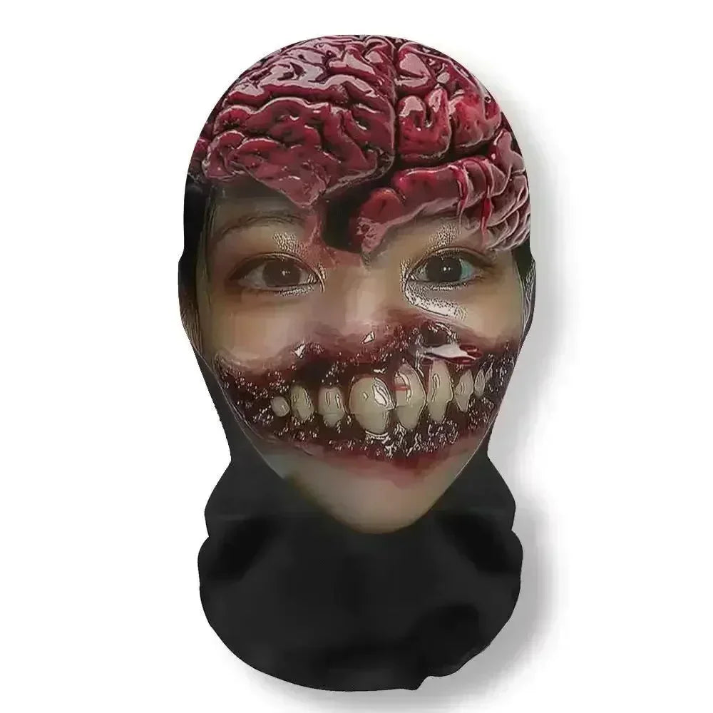 A realistic mask depicting a human brain and teeth, used as funny carnival headgear for cosplay.