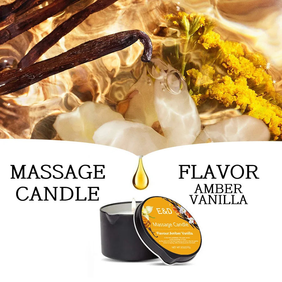 Massage candle with skin-softening oils in amber vanilla scent