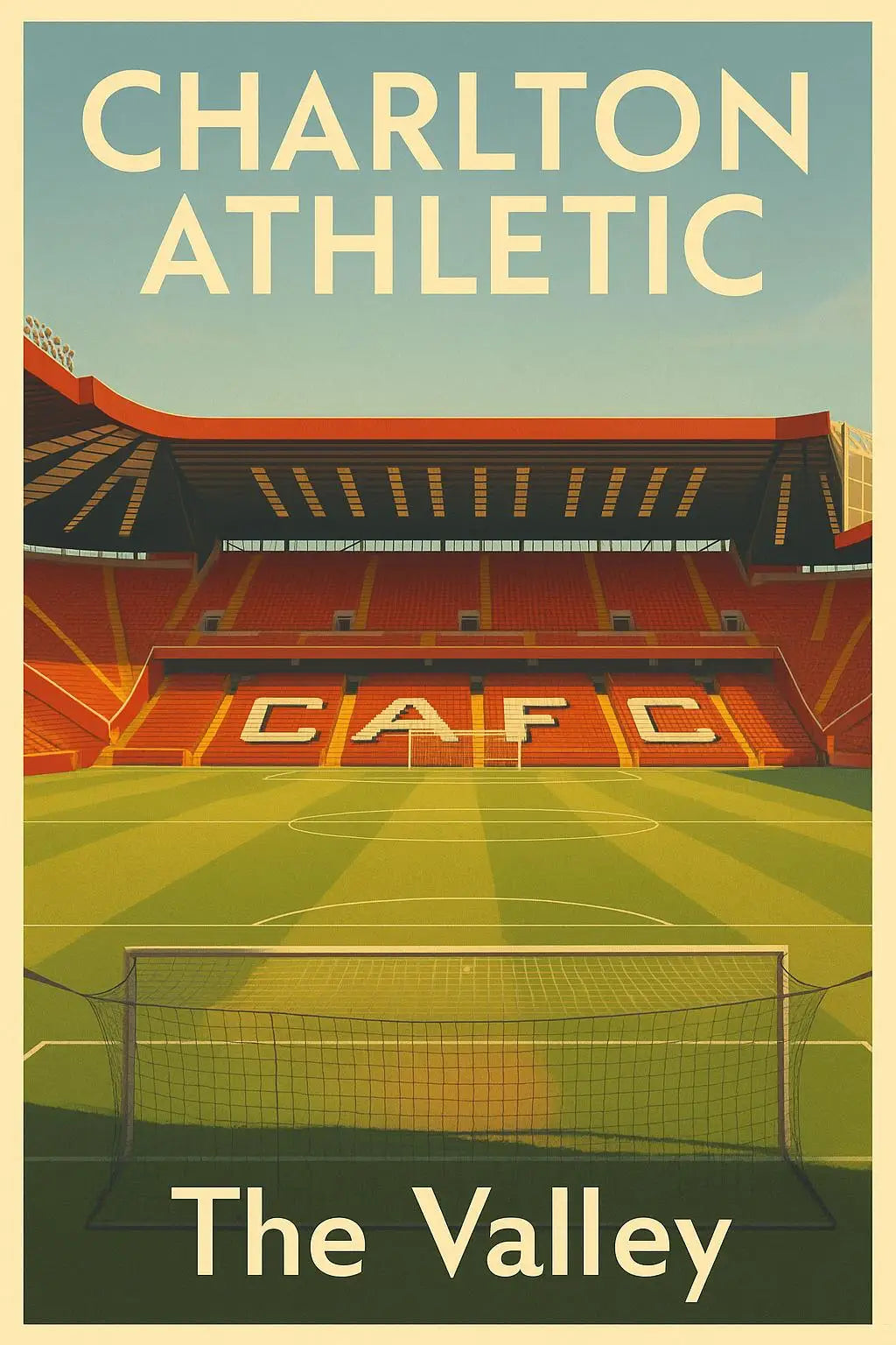 Poster featuring Charlton Athletic and The Valley with a stadium background.