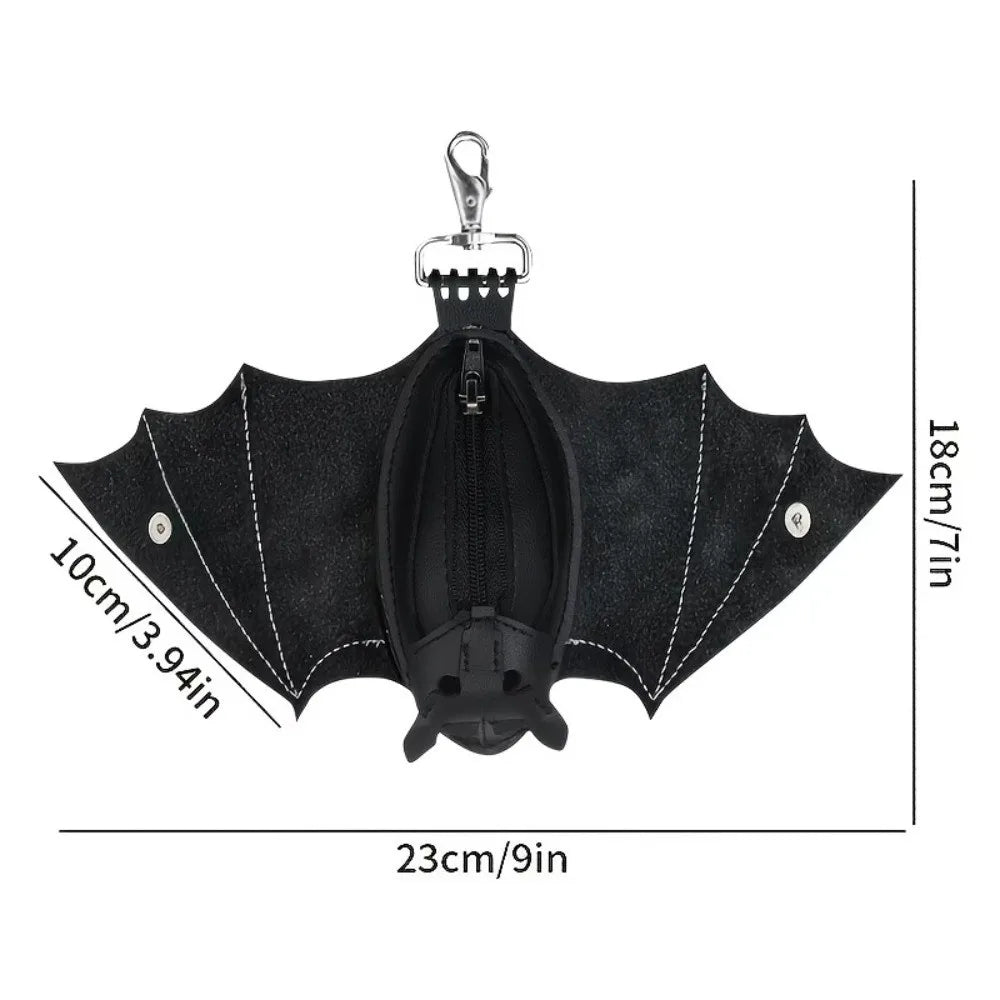 Black leather bat wallet keychain with zipper coin purse displayed flat