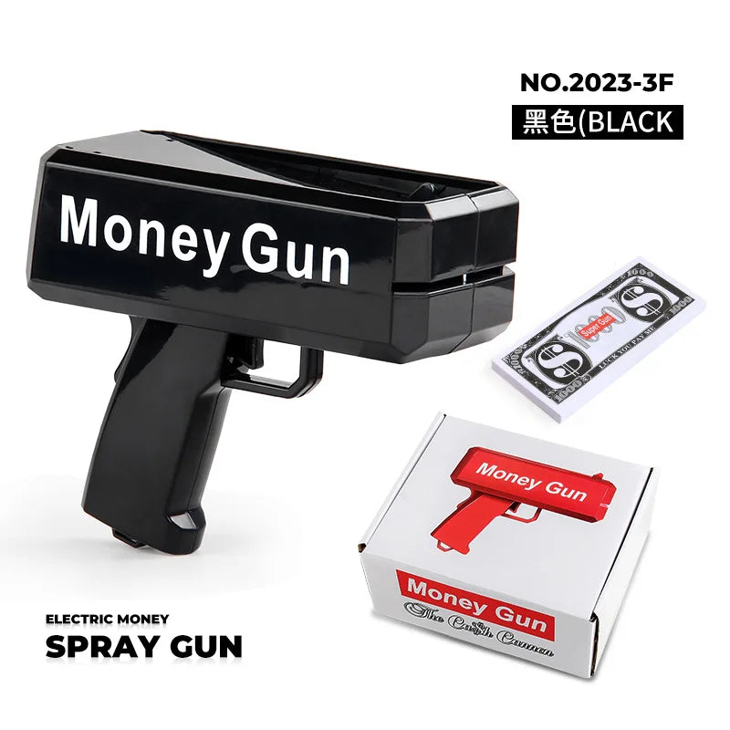 A black plastic money gun toy is shown next to its packaging box.