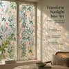 Vintage floral mosaic window film covering a window with sunlight filtering through