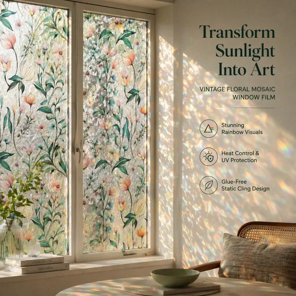 Vintage floral mosaic window film covering a window with sunlight filtering through