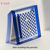 A clear acrylic photo frame displaying a blue and white checkered grid with an orange accent.