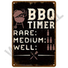 A dark metal sign with white text indicating BBQ rules: BBQ, Timer, Rare, Medium, and Well.