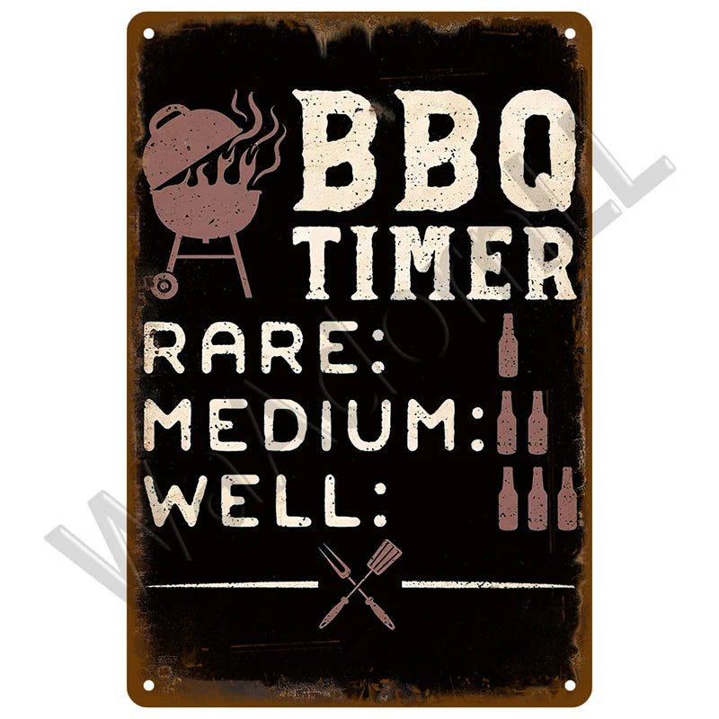 A dark metal sign with white text indicating BBQ rules: BBQ, Timer, Rare, Medium, and Well.