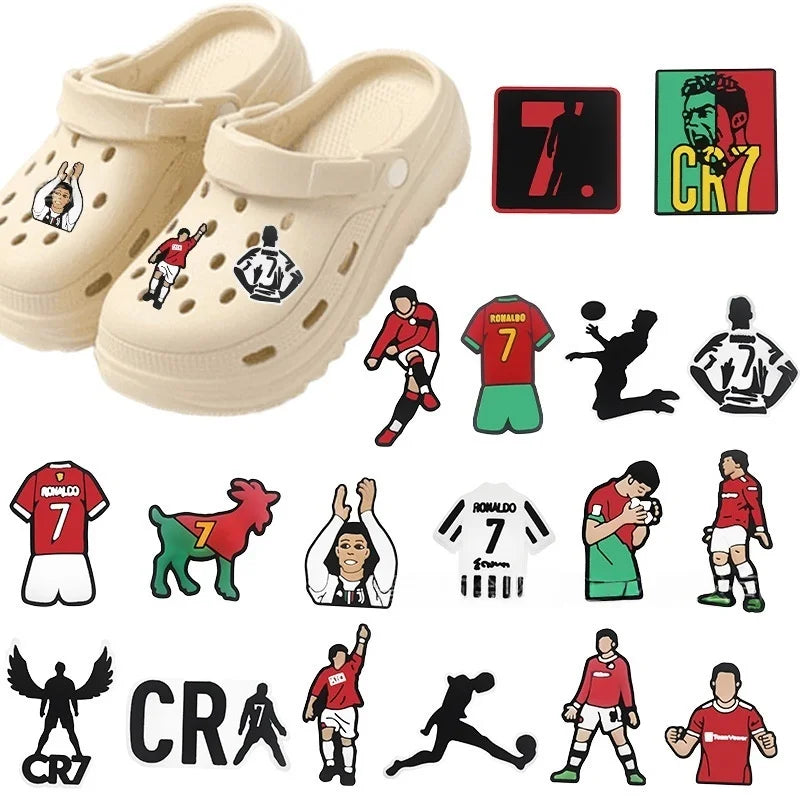 A collection of cartoon football shoe charms and accessories for classic beige clogs.