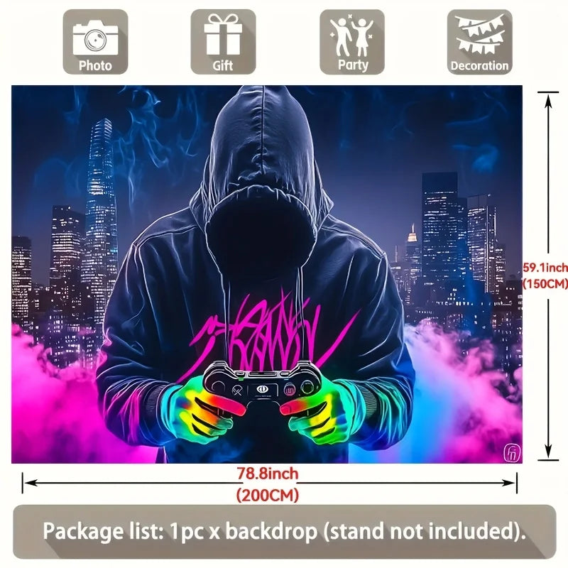 A person wearing a hoodie is holding a gaming controller in front of a cityscape backdrop with pink and purple lighting.