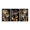 A set of three abstract floral canvas wall art pieces featuring golden and bronze tones on a dark background.