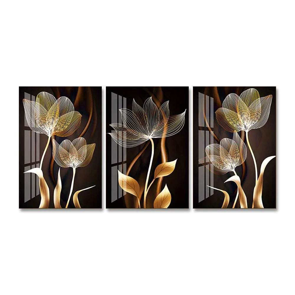 A set of three abstract floral canvas wall art pieces featuring golden and bronze tones on a dark background.