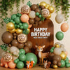 A balloon garland featuring safari and jungle prints, including various shades of green, brown, and gold balloons.
