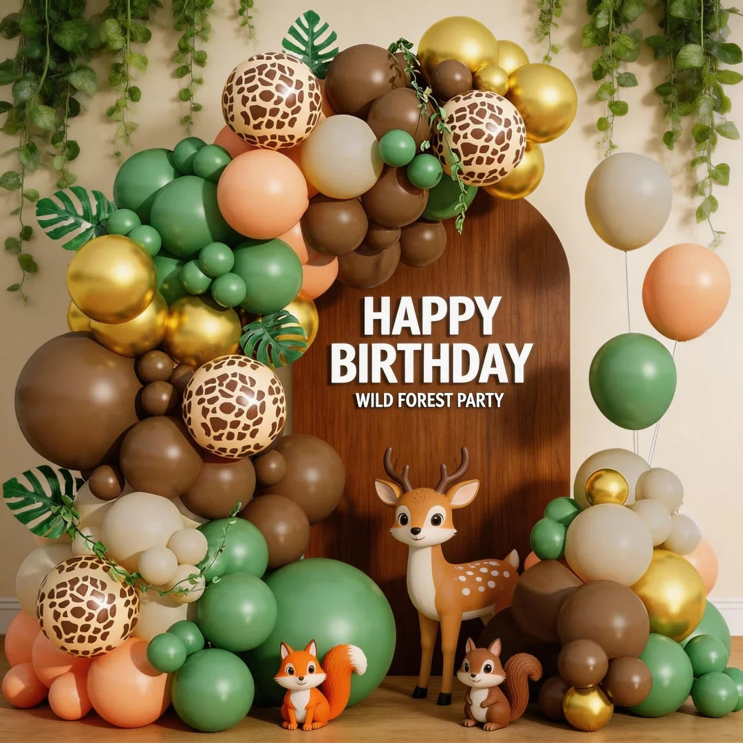 A balloon garland featuring safari and jungle prints, including various shades of green, brown, and gold balloons.
