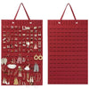 A red felt earring organizer display with hanging loops and numerous small earrings.