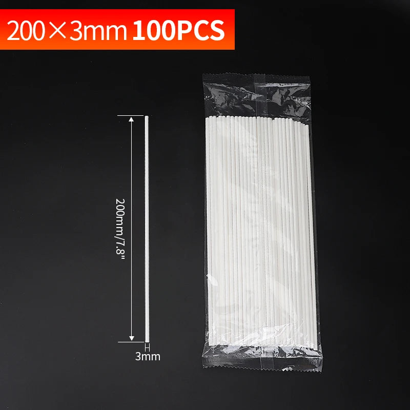 A package of 100 paper lollipop sticks measuring 200mm long and 3mm in diameter.