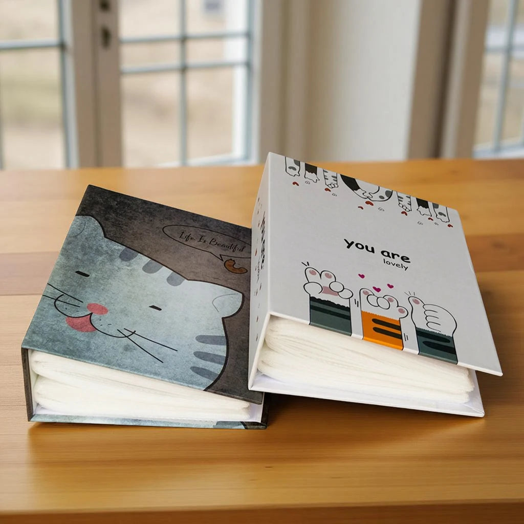 A white and gray cartoon cover photo album with a cat design and a message that reads you are lovely