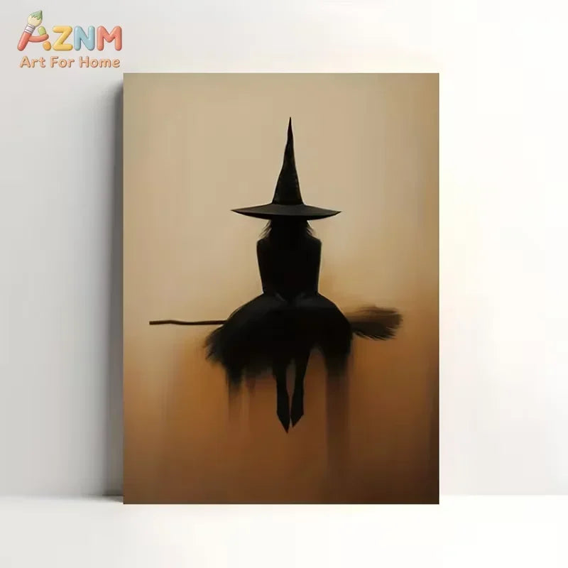Minimalist witch silhouette wall art featuring a black witch figure with a pointed hat and flowing cape against a warm, hazy 