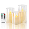 A set of three LED flameless candles with flickering flame effects displayed on a reflective surface.