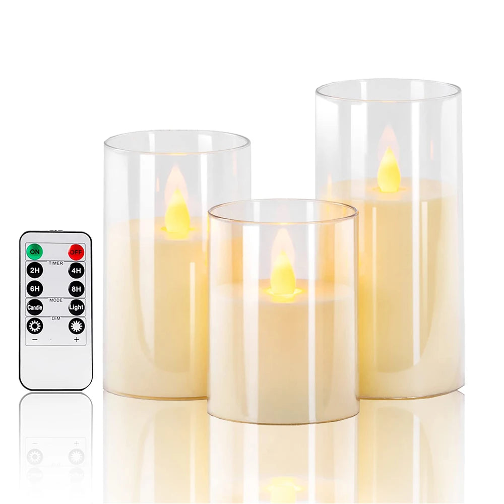 A set of three LED flameless candles with flickering flame effects displayed on a reflective surface.