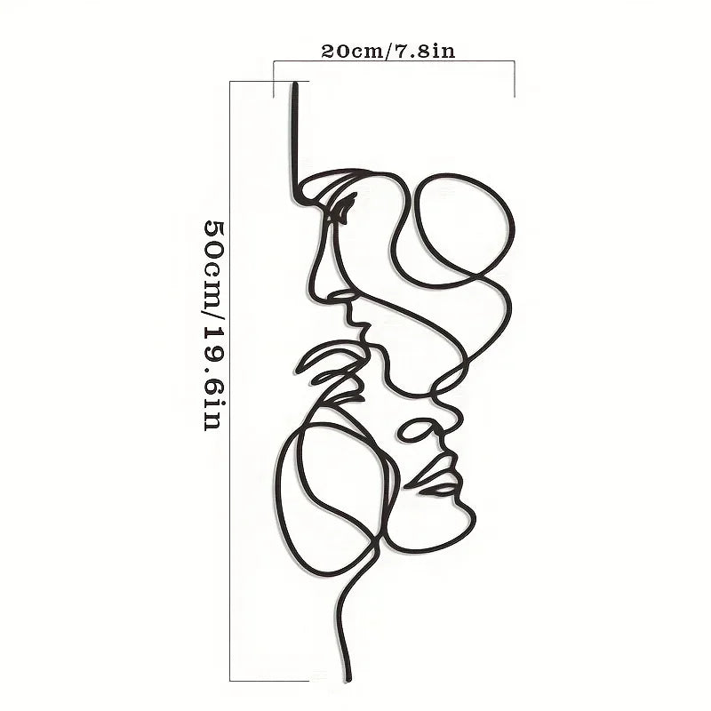 Line drawing of a minimalist abstract face design on metal wall art