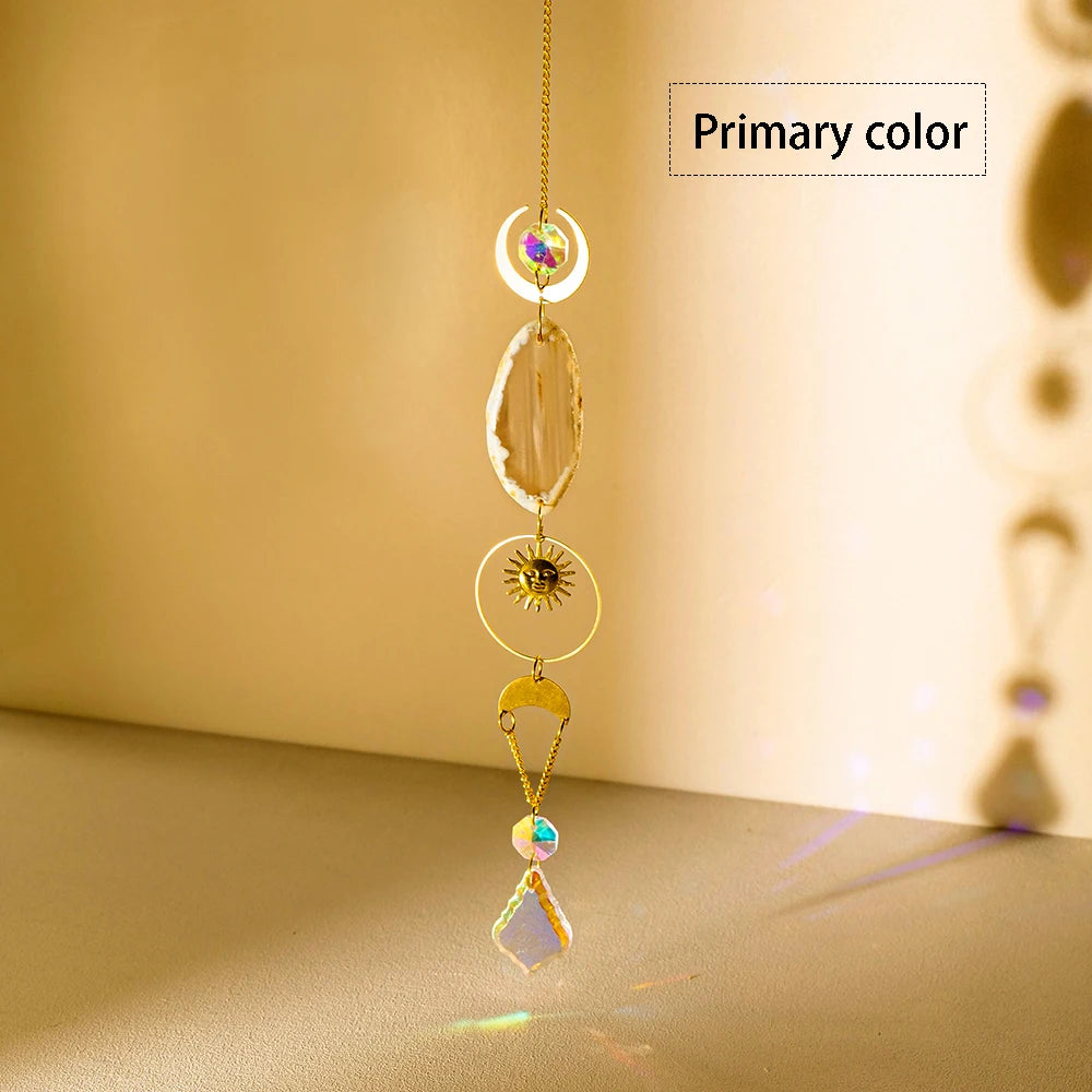 A hanging crystal decor featuring a series of natural agate slices and gold accents, demonstrating the primary color.