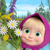 A cute girl with light hair wearing a purple hood holds a bouquet of yellow and white flowers against a blue sky background.