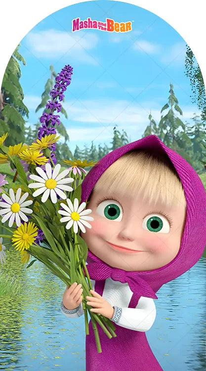 A cute girl with light hair wearing a purple hood holds a bouquet of yellow and white flowers against a blue sky background.