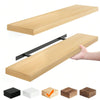 Two light wood floating wall shelves with black brackets shown in different angles and with a hand for scale.