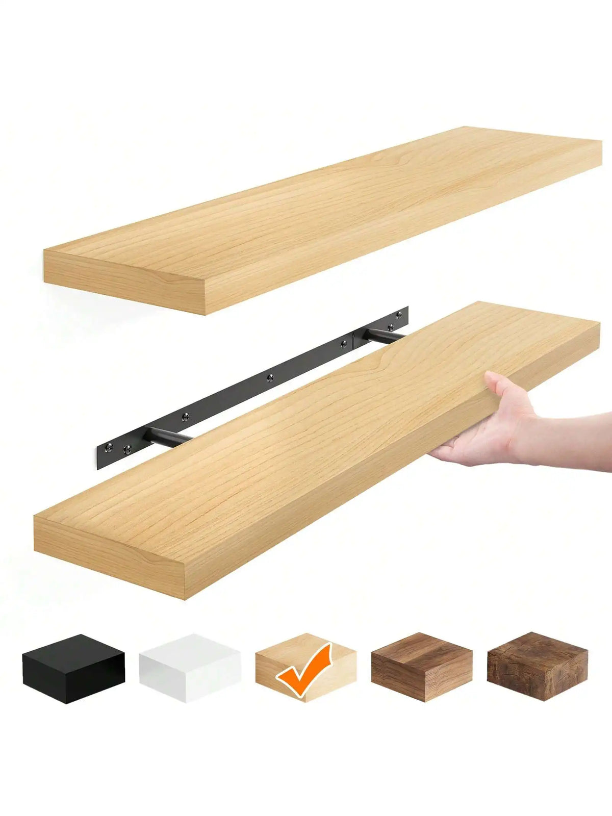 Two light wood floating wall shelves with black brackets shown in different angles and with a hand for scale.